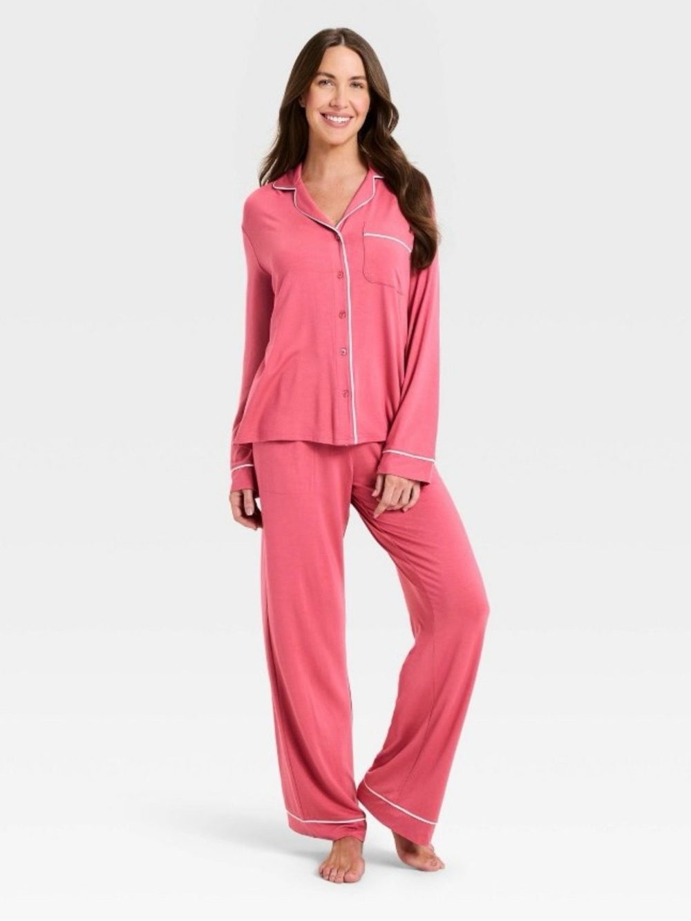 Auden Coral-Pink Long Sleeve Button Pajama Set with Contrast Piping